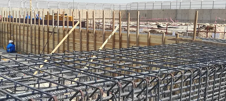 Intersecting reinforcing bars with supported timber forms behind them.